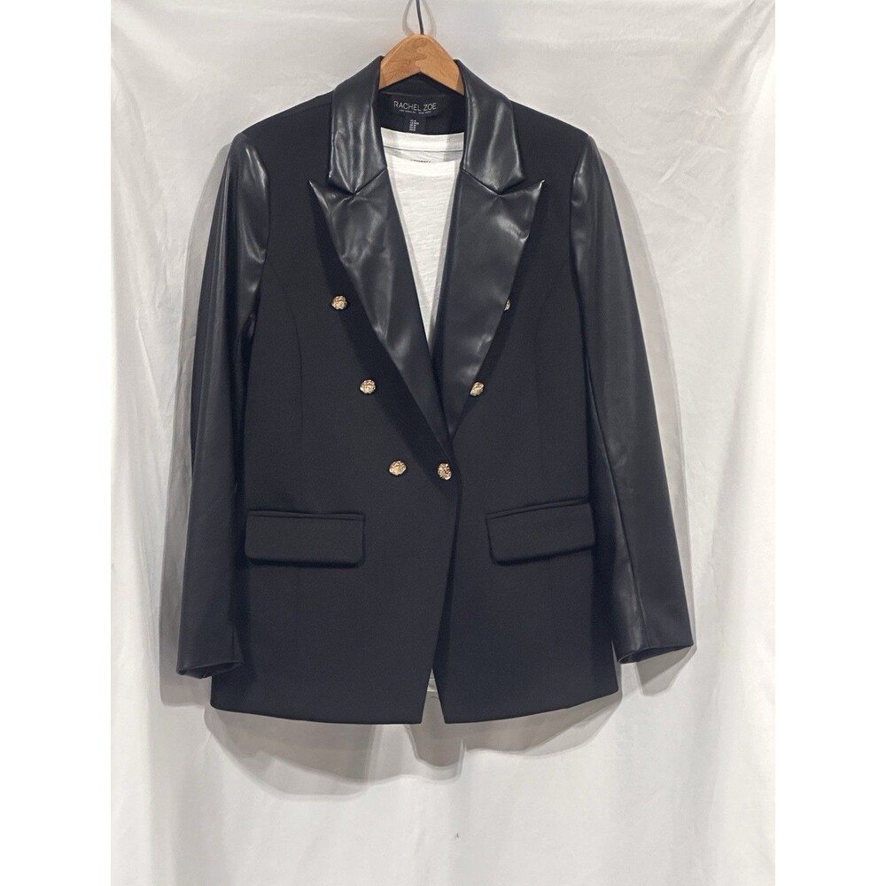 Rachel Zoe Blazer Jacket Womens Medium NWT Faux Leather Trim Gold Button Black
